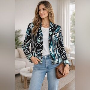 Trina Turk Linen Open Front Blazer Size 8 Geometric Print Lightweight Jacket